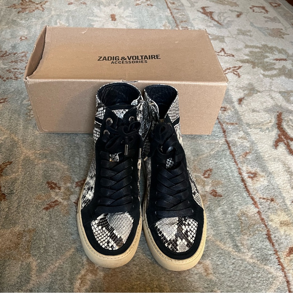 Zadig & Voltaire Leather Black and Cream Snake Print Sneakers